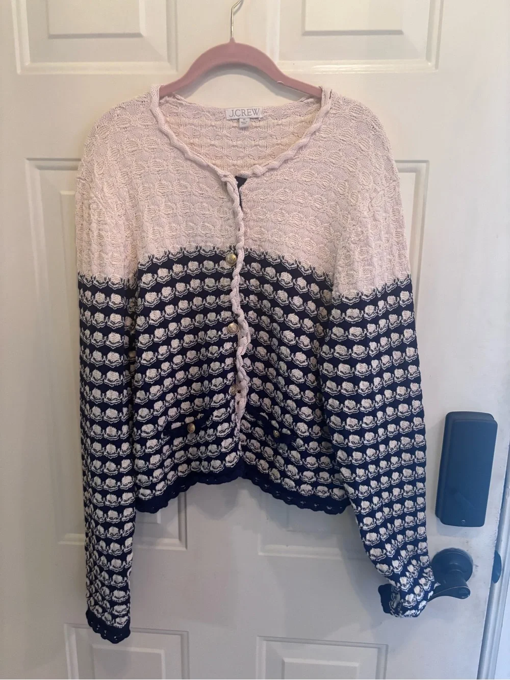 J. Crew Cream and Navy Striped Crochet-Texture Cardigan
